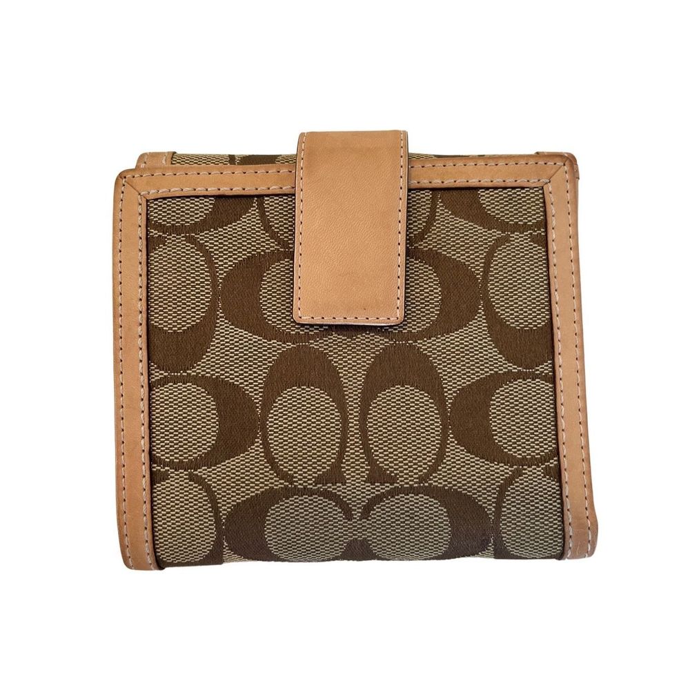 Coach compact wallet signature jacquard print tan leather trim card slots